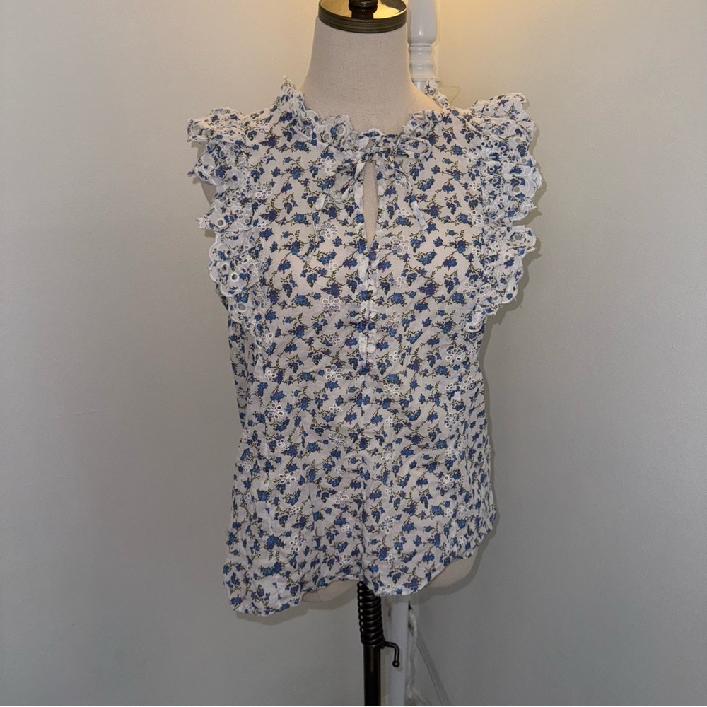 Jennifer & Grace M Blue White Floral Eyelet Embroidered Scalloped Skirt Top Set - Picture 9 of 10